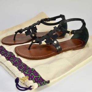 Tory Burch Phoebe Flat Thong Leather Sandals Black Women Size 7